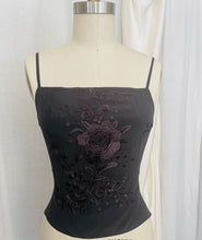 Load image into Gallery viewer, 100% silk vintage embroidered scarf top with floral embroidery with lace-up open back.

