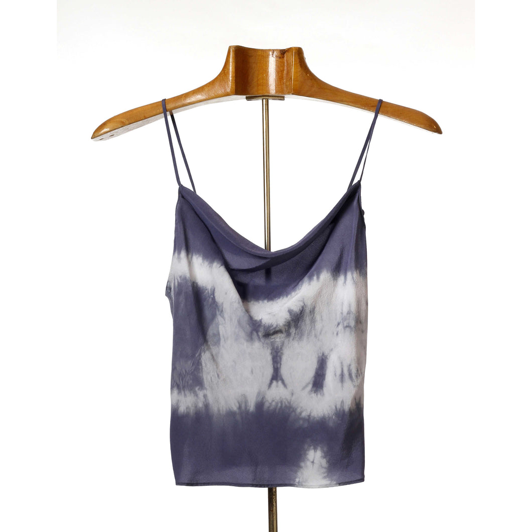 A beautifully made, very versatile small top in crepe de chine. Thin spaghetti straps with adjusters. Tie dyed. Cut on the bias. These are one of a kind pieces.