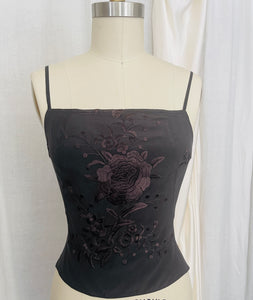100% silk vintage embroidered scarf top with floral embroidery with lace-up open back.