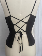 Load image into Gallery viewer, 100% silk vintage embroidered scarf top with floral embroidery with lace-up open back.
