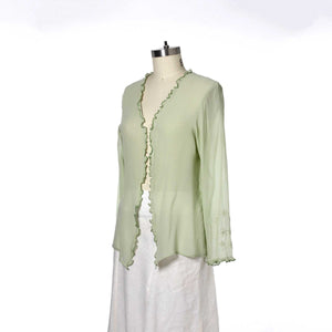 Silk georgette blouse with fine applique work at the end of sleeves with fine ruffle trim.