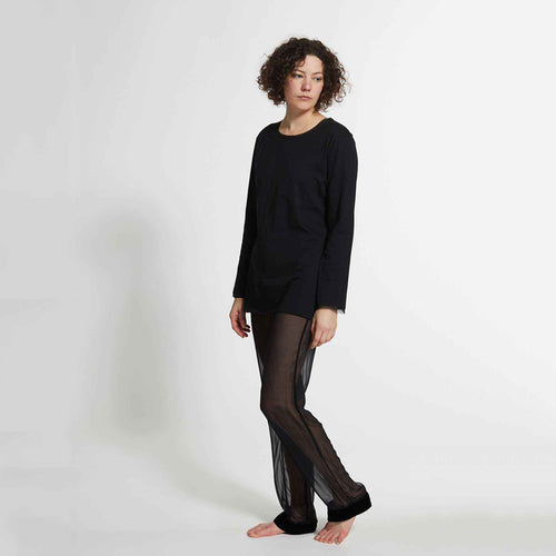 Long Sleeve T-Shirt with a silk georgette trim around neck line.  Inside out raw edge seam down center of the back.  50% Supima Cotton; 50% Modal (ultrasoft) with 100% silk trim.