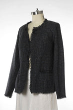 Load image into Gallery viewer, A light wool blend Jacket. Vintage fabric. Raw fringe edge.
